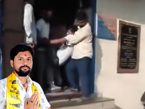 AI વીડિયો કાંડમાં પૂછપરછ દરમિયાન ‘આપ’ના ઉમેદવારની તબિયત લથડી:કાર્યકરો શ્રવણ જોશીને ઊંચકીને પોલીસ સ્ટેશન બહાર લાવ્યા, ટિકિટ મળ્યાંની ઉજવણી પણ ન કરી શક્યા